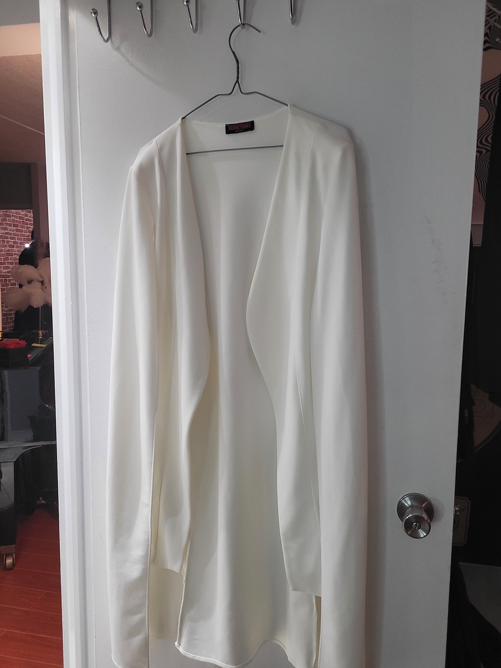 Eleganr Womans Ivory Open-Front Long Blazer Cardigan